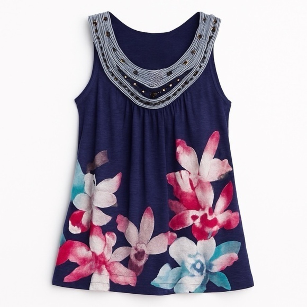 Anthropologie XS Navy Floral Tank Top Boho Beaded Scoop Neck Embellished Blouse